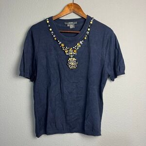 Per Se Silk Blend Top XL Navy Jeweled Embellished Knit Short Sleeve Wearable Art